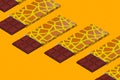 Minimal food geometry in details. 3d render design chocolate bar witg giraffe print in isometry yellow space. Restaurant, cafe,