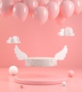 Minimal Form Stone Wing Display Fly With Balloon On Pink Pastel Abstract Bakground 3d Render