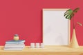 Minimal frame mockup on wooden shelf with plants in room with pink wall background.3d rendering