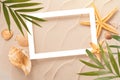 Minimal Frame summer background, Sand shells Seastar with blurred Palm,