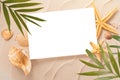 Minimal Frame summer background, Sand shells Seastar with blurred Palm, vacation and travel concept, Royalty Free Stock Photo