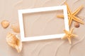 Minimal Frame summer background, Sand shells Seastar vacation and travel concept, Royalty Free Stock Photo