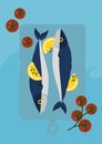 Minimal fresh Japanese Saba fish with lemon and tomato on pastel blue background