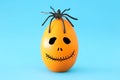 minimal and funny Halloween holiday concept. Orange egg with scary cute face and spider on top. Royalty Free Stock Photo