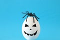 minimal and funny Halloween holiday concept. White egg with scary cute face and spider on top. Royalty Free Stock Photo