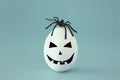 minimal and funny Halloween holiday concept. White egg with scary cute face and spider on top. Royalty Free Stock Photo