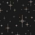 Glowing geometric sparkles and star Seamless pattern on black background with minimalist white line elements Vector Royalty Free Stock Photo