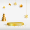 Minimal golden podium product on a white background. 3d stand. Gold New Year tree with Christmas toys and snowflakes