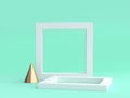 Minimal green background 3d render blank white frame gold cone Royalty Free Stock Photo