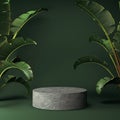 Minimal green banana leaves and stone podium in green background. Concept display scene stage platform showcase, product, sale, ba