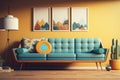 Minimal Green Retro Couch With Three Paintings and an Orange Wall - Generative AI