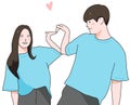 Minimal Hand Drawn Illustration of Couple in blue t-shirt Posing Heart Saranghae Love Gesture