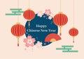 Minimal happy Chinese new year card in pastel color with red lantern red fan and pink cherry blossom flower