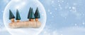 Minimal Happy New Year and Merry Christmas scene with snow, trees and snow globe. For Christmas holiday winter concept Royalty Free Stock Photo