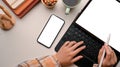 Female typing on tablet, tablet blank screen mockup, smartphone mockup on natural beige background