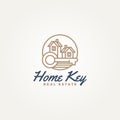 minimal home key line art icon logo template vector illustration design. simple modern home buyer, real estate, property developer Royalty Free Stock Photo