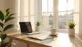 Minimal Home Office Workspace with Laptop Notebook and Morning Sunlight Royalty Free Stock Photo