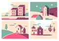 Minimal house landscape. Riso print of cozy countryside with minimal abstract rural scenery. Country cottage color