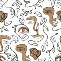 Minimal human face drawing, scribbles, leaves, blob abstract seamless pattern