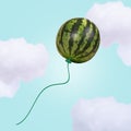 Minimal idea with balloon watermelon on pastel blue background with clouds