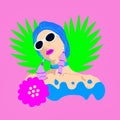 Fashion minimal illustration. Stylish vacation Lady. Relax tropical mood