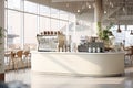 Minimal interior design coffee cafe bar shop with beige cozy tone style and with glossy ivory white round corner counter, coffee Royalty Free Stock Photo