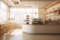 Minimal interior design coffee cafe bar shop with beige cozy tone style and with glossy ivory white round corner counter, coffee Royalty Free Stock Photo