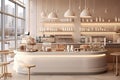 Minimal interior design coffee cafe bar shop with beige cozy tone style and with glossy ivory white round corner counter, coffee Royalty Free Stock Photo