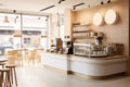 Minimal interior design coffee cafe bar shop with beige cozy tone style and with glossy ivory white round corner counter, coffee Royalty Free Stock Photo