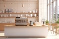 Minimal interior design coffee cafe bar shop with beige cozy tone style and with glossy ivory white round corner counter, coffee Royalty Free Stock Photo