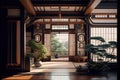 Minimal interior design in japanese style. Asian living room with open view to zen garden. Traditional asian architecture Royalty Free Stock Photo