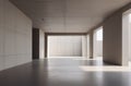 minimal interior, minimalistic space. beige-walled room, concrete floor, bathed in sunlight