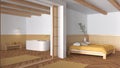 Minimal japandi bedroom and bathroom in wooden and yellow tones. Double bed with pillows, freestanding bathtub and herringbone Royalty Free Stock Photo