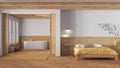 Minimal japandi bedroom and bathroom in wooden and yellow tones. Double bed with pillows, freestanding bathtub and herringbone Royalty Free Stock Photo