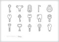 Key icons of different shapes of metal keys to unlock items