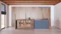 Minimal kitchen in white and blue tones with wooden beams ceiling and window. Cabinets and island with chairs. Modern Royalty Free Stock Photo