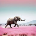 An minimal landscape with a pastel pink wild elephant gracefully hopping across the A beautiful elegant