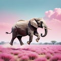 An minimal landscape with a pastel pink wild elephant gracefully hopping across the A beautiful elegant