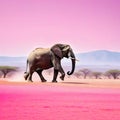An minimal landscape with a pastel pink wild elephant gracefully hopping across the A beautiful elegant