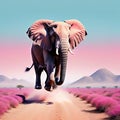 An minimal landscape with a pastel pink wild elephant gracefully hopping across the A beautiful elegant
