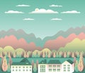 Minimal landscape village, mountains, hills, trees, forest. Rural valley scene. Farm countryside with house, building in flat Royalty Free Stock Photo