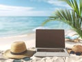 Minimal laptop with blank screen mockup, Empty screen for text, and logo replacement concept. Laptop with beach accessories Royalty Free Stock Photo