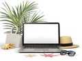 Minimal laptop with blank screen mockup, Empty screen for text, and logo replacement concept. Laptop with beach accessories Royalty Free Stock Photo