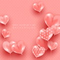 Minimal light composition with heart shaped balloons flying in the air on a silk pink background