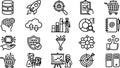 Minimal line icon set flat design business and technology analytics icons including rocket database cloud sync target presentation Royalty Free Stock Photo