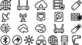 Minimal line icon set showing routers, cloud sync, servers, usb sticks, ethernet jack, satellite dish, hard drive, modem, network Royalty Free Stock Photo