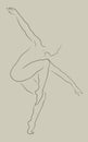 Minimal line shillouette of dancing woman in elegant jump when one knee reaches opposite shoulder, hands in T.