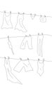 Minimal line sketch of drying clothes hanging on ropes with pins. Cozy linen cotton underwear fluttering in the wind.