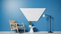 minimal living room blue wall, A poster frame triangle mockup wall hanging on the blue wall, a chair and Table with Royalty Free Stock Photo