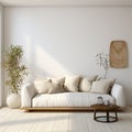 Minimal Living room with Comfy sofa and cushion design, white blank wall, afternoon, bright, digital, AI Generated